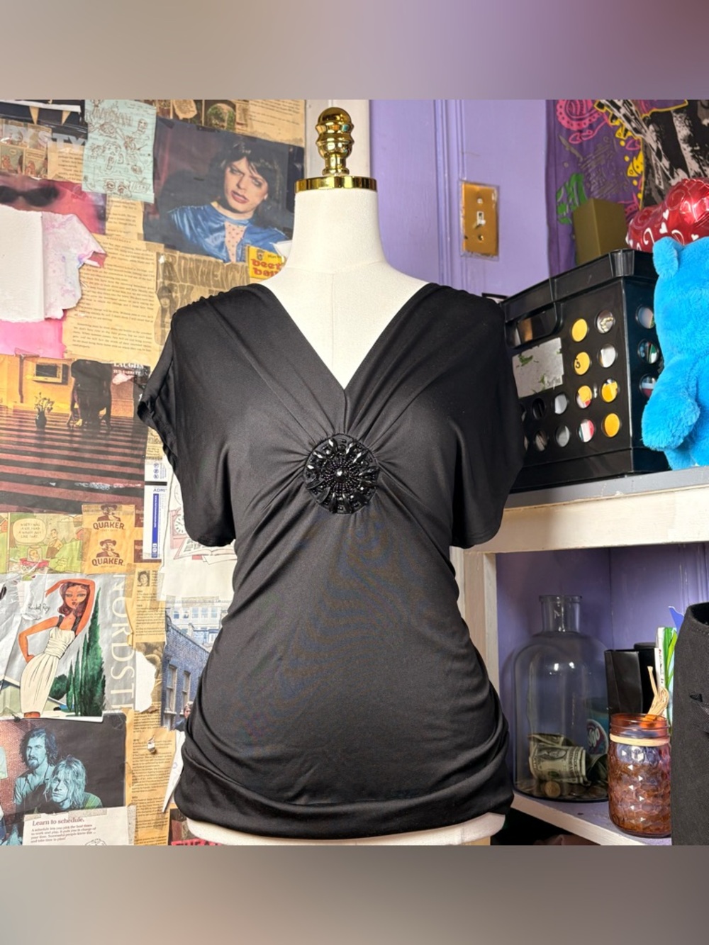 Dots Black Beaded V-Neck Blouse
